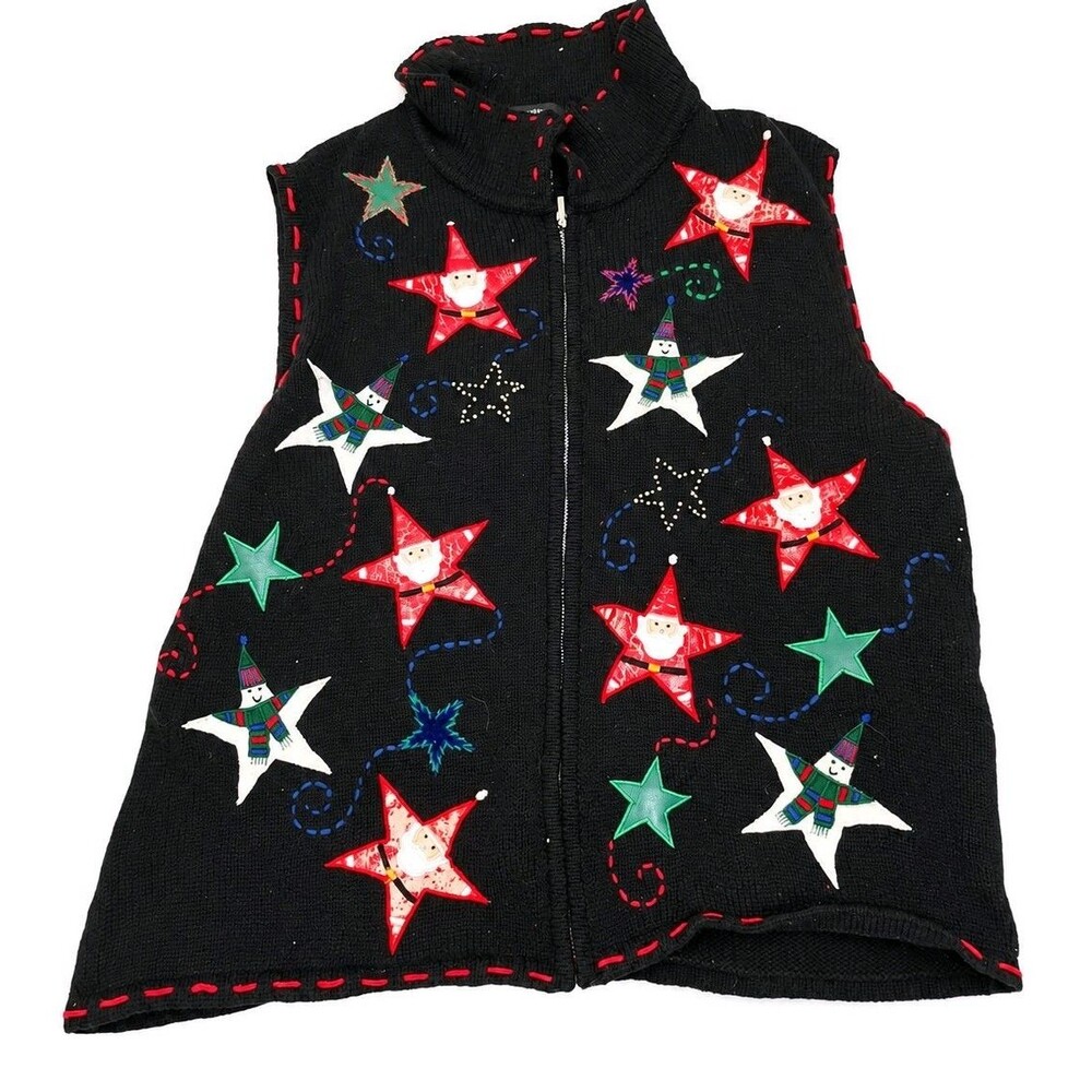 Designers Originals Studio Christmas Sweater Vest Santa Snowman Stars Zip Front